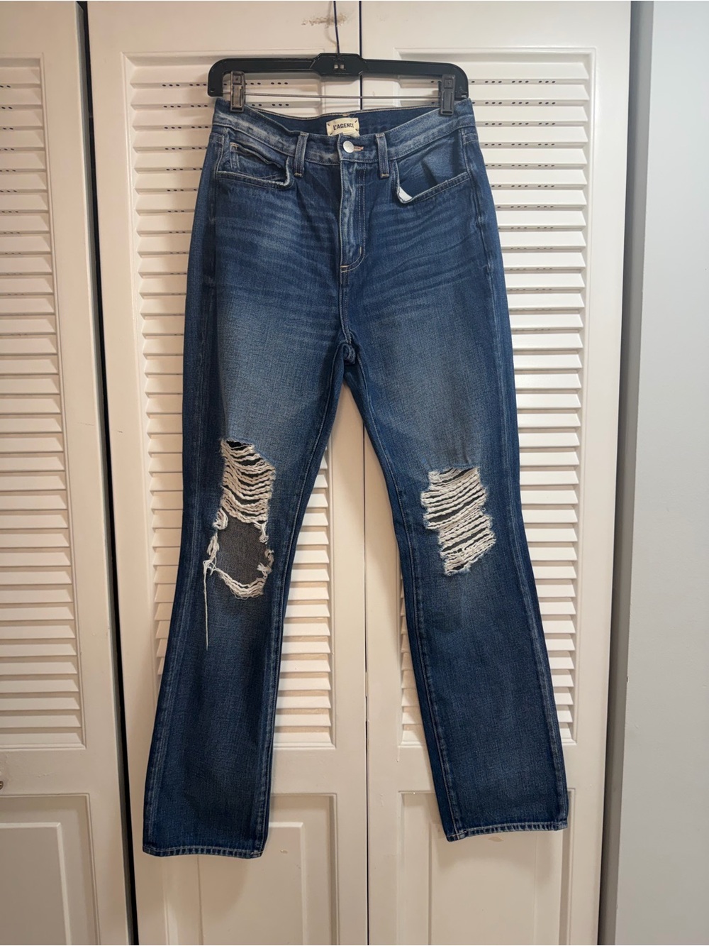 L'AGENCE Distressed Dark Blue Straight-Leg Jeans